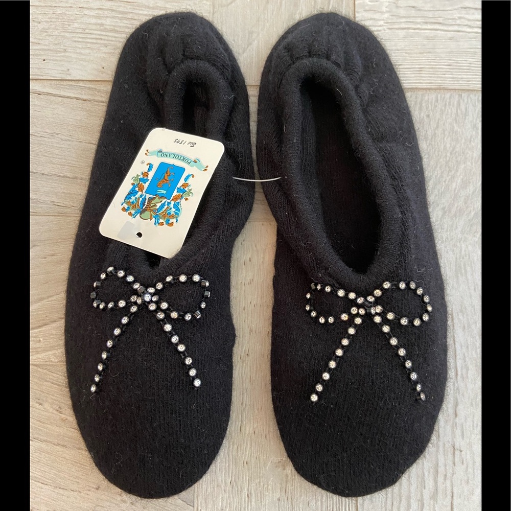 NWT PORTALANO CASHMERE/WOOL BLEND SLIPPERS WITH BOW CRYSTALS